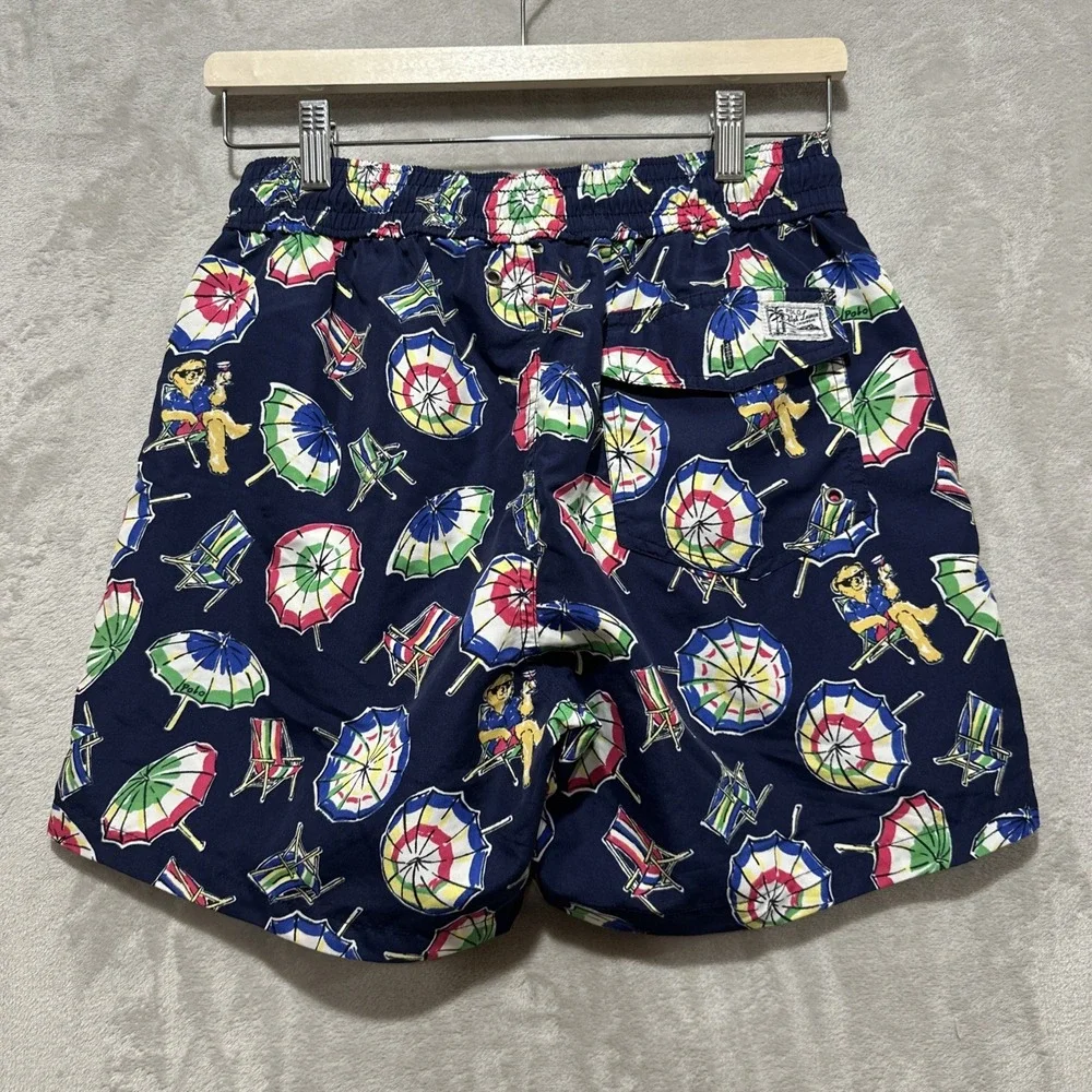POLO‎ RALPH LAUREN Swim Trunks Shorts Men's S Blue Bear Umbrella Elastic & Lined